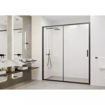 Душевая дверь в нишу Март Квадро 195x170 см черный профиль прозрачное стекло раздвижная