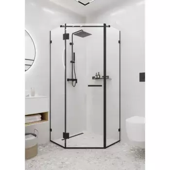 Душевой уголок Март Астра пентагональный 88x88 см черный профиль прозрачное стекло распашной