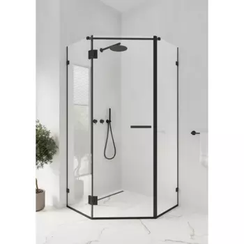 Душевой уголок Март Астра пентагональный 97x97 см черный профиль прозрачное стекло распашной
