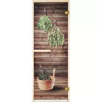 Дверь для сауны стеклянная бронза Веники 69x189 см двусторонняя