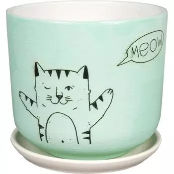 Горшок цветочный Мяун ø15 h13.5 см v1.5 л керамика мятный/чёрный