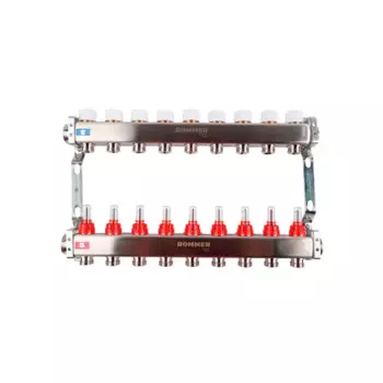 Коллектор с расходомером Rommer 1"x3/4" 9 выходов нержавеющая сталь RMS-1200-000009