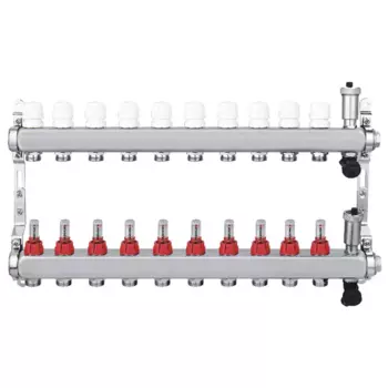 Коллекторная группа с расходомерами Спец 1"x3/4" на 10 выходов нержавеющая сталь