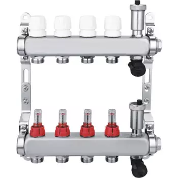 Коллекторная группа с расходомерами Спец 1"x3/4" на 4 выхода нержавеющая сталь