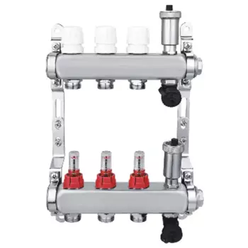 Коллекторная группа с расходомерами Спец 1"x3/4" на 3 выхода нержавеющая сталь
