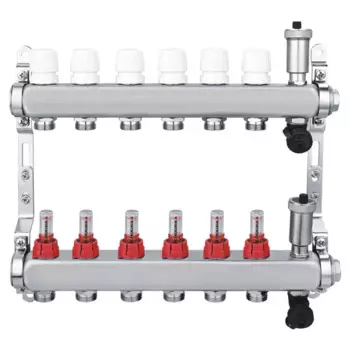 Коллекторная группа с расходомерами Спец 1"x3/4" на 6 выходов нержавеющая сталь