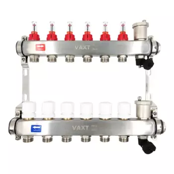 Коллекторная группа с расходомерами Vaxt 1"x3/4" 6 выходов нержавеющая сталь
