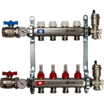 Коллекторная группа с расходомером Stout на 4 выхода 3/4"x3/4" нержавеющая сталь