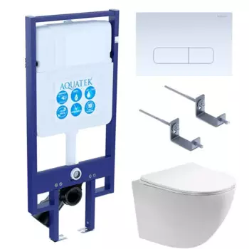 Комплект инсталляция с унитазом Aquatek Европа 4 в 1, безободковый с микролифтом, клавиша цвет белый