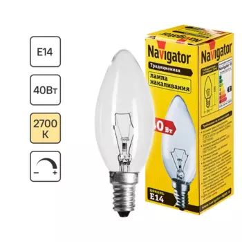 Лампа накаливания Navigator E14 230 В 40 Вт свеча прозрачная 400 лм теплый белый цвет света