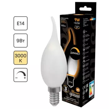 Лампа светодиодная Gauss Filament Milky Е14 9 Вт свеча на ветру теплый белый свет, для диммера