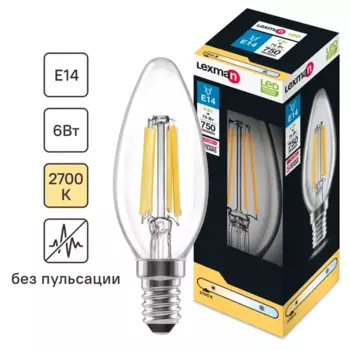 Лампа светодиодная Lexman E14 220-240 В 6 Вт свеча прозрачная 750 лм теплый белый свет