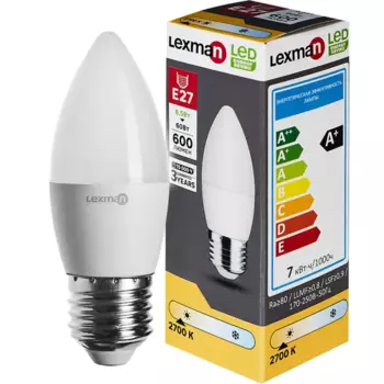 Лампа светодиодная Lexman E27 175-250 В 6.5 Вт свеча 600 лм теплый белый цвет света