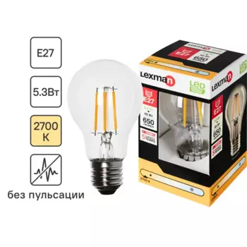 Лампа светодиодная Lexman E27 220-240 В 5.3 Вт груша прозрачная 650 лм теплый белый свет