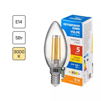 Лампа светодиодная Volpe LEDF E14 220-240 В 5 Вт свеча прозрачная 470 лм теплый белый свет