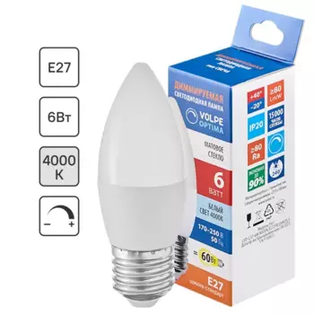 Лампа светодиодная Volpe с диммером свеча 6 Вт Е27 матовая 600 Лм холодный белый свет