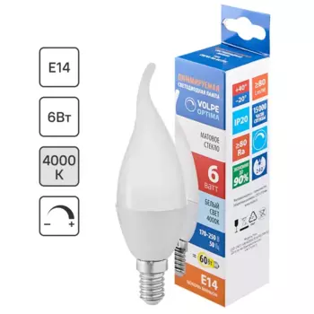 Лампа светодиодная Volpe с диммером свеча витая 6 Вт Е14 матовая 600 Лм холодный белый свет