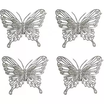 Набор ёлочных украшений «Бабочки» 10 см, цвет серебристый, 4 шт.
