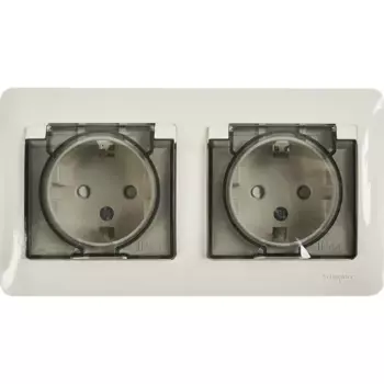 Розетка двойная встраиваемая влагозащищенная Systeme Electric Glossa с заземлением со шторками IP44 в сборе цвет молочный