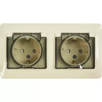 Розетка двойная встраиваемая влагозащищенная Systeme Electric Glossa с заземлением со шторками IP44 в сборе цвет бежевый