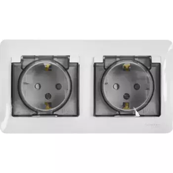 Розетка двойная встраиваемая влагозащищенная Systeme Electric Glossa с заземлением со шторками IP44 в сборе цвет белый