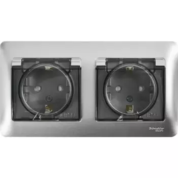 Розетка двойная встраиваемая влагозащищенная Systeme Electric Glossa с заземлением со шторками IP44 в сборе цвет алюминий