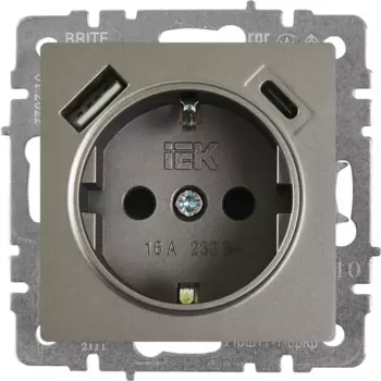 Розетка USB встраиваемая IEK Brite РЮш11-1-БрС с заземлением цвет сталь