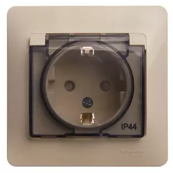 Розетка встраиваемая влагозащищенная Systeme Electric Glossa с заземлением с крышкой и шторками IP44 цвет бежевый