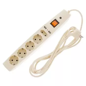 Сетевой фильтр Эра SFU 5 розеток с заземлением 3x0.75 мм 2 USB 2200 Вт 3 м цвет бежевый