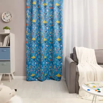 Штора на ленте блэкаут Рыбы 150x260 см цвет голубой