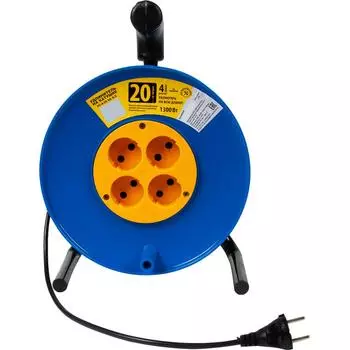Удлинитель на катушке 4 розетки без заземления 2x0.75 мм 20 м цвет черный/синий