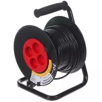 Удлинитель на катушке Защита Про 4 розетки без заземления 2x1 мм 30 м цвет черный/красный