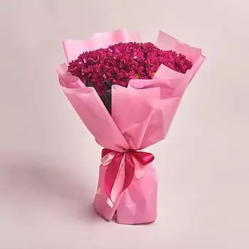 AZALIANOW ЦВЕТЫ. ПОДАРКИ. ДЕКОР Букет из 15 кустовых малиновых хризантем в нежной упаковке