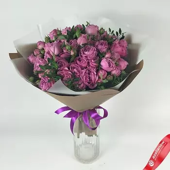 AZALIANOW ЦВЕТЫ. ПОДАРКИ. ДЕКОР Букет из 15 кустовых пионовидных розовых роз, в пленке с зеленью