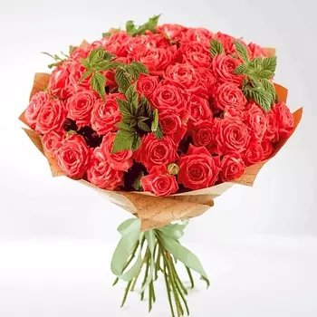 AZALIANOW ЦВЕТЫ. ПОДАРКИ. ДЕКОР Букет из 19 коралловых роз и малины «Фантазии хватает»