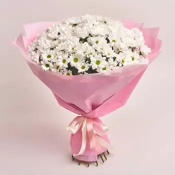 AZALIANOW ЦВЕТЫ. ПОДАРКИ. ДЕКОР Букет из 25 белых ромашковых хризантем в розовой пленке