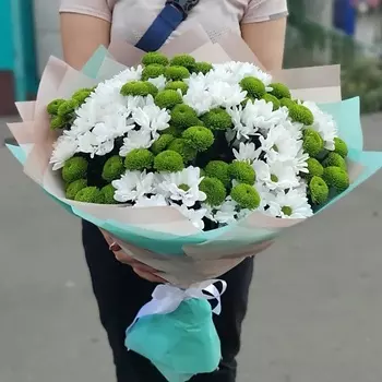 AZALIANOW ЦВЕТЫ. ПОДАРКИ. ДЕКОР Букет из 25 кустовых хризантем белого и зеленого цвета
