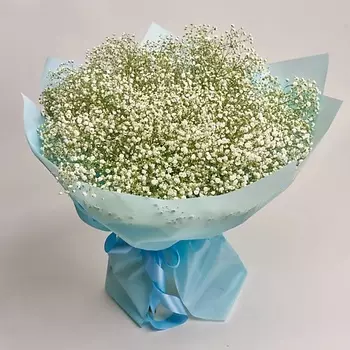 AZALIANOW ЦВЕТЫ. ПОДАРКИ. ДЕКОР Букет из 25 белых гипсофил в голубой пленке