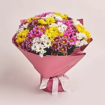 AZALIANOW ЦВЕТЫ. ПОДАРКИ. ДЕКОР Букет из 25 разноцветных кустовых хризантем в розовой пленке