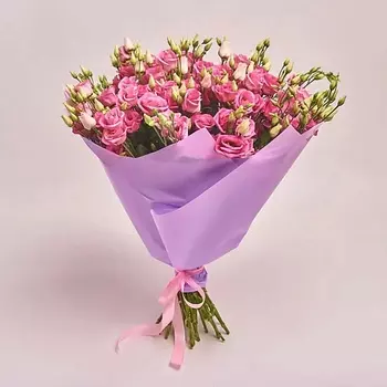 AZALIANOW ЦВЕТЫ. ПОДАРКИ. ДЕКОР Букет из 25 розовых лизиантусов в сиреневой пленке