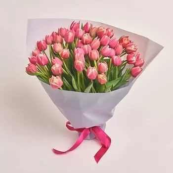 AZALIANOW ЦВЕТЫ. ПОДАРКИ. ДЕКОР Букет из 51 розового пионовидного тюльпана в сиреневой пленке