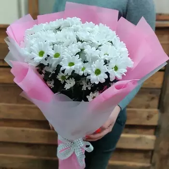 AZALIANOW ЦВЕТЫ. ПОДАРКИ. ДЕКОР Букет из 9 белых ромашковых хризантем в упаковке