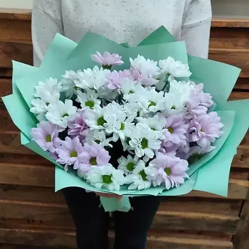 AZALIANOW ЦВЕТЫ. ПОДАРКИ. ДЕКОР Букет из 9 разноцветных кустовых хризантем в упаковке