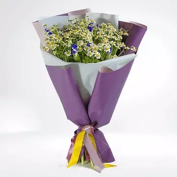 AZALIANOW ЦВЕТЫ. ПОДАРКИ. ДЕКОР Букет из ромашек и ирисов "Сюрприз"