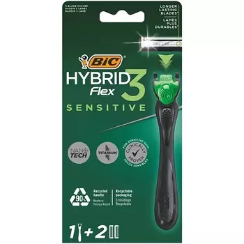 BIC Мужская бритва 3 лезвия Hybrid 3 Flex Sensitive +2 сменные кассеты 62.0