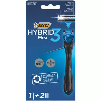 BIC Мужская бритва 3 лезвия Hybrid 3 Flex + 2 сменные кассеты 52.0