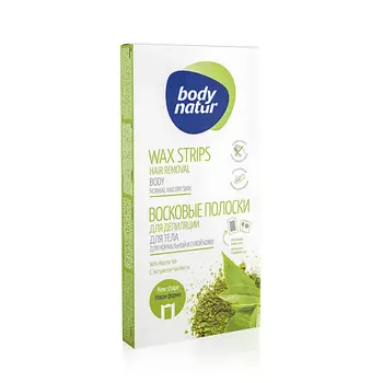 BODY NATUR Восковые полоски для депиляции тела для нормальной и сухой кожи с экстрактом чая матча Wax Strips Hair Removal Face