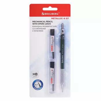 BRAUBERG Карандаш механический 0,7 мм + грифели HB 24 штуки, METALLIC-X 0