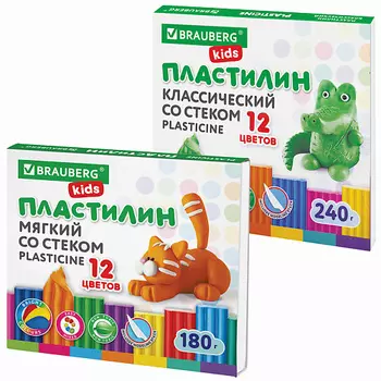 BRAUBERG Пластилин Классический + мягкий ВЫГОДНАЯ УПАКОВКА 1.0