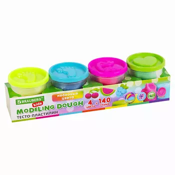 BRAUBERG Пластилин тесто KIDS 4 цвета крышки-штампики